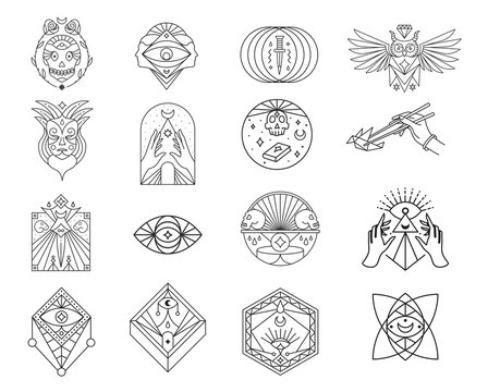 Skulls, occult, owl, eye, mask, dagger line icon set. Symbols collection, geometric labels and badges, logo illustrations, scary signs linear pictograms isolated on white background.