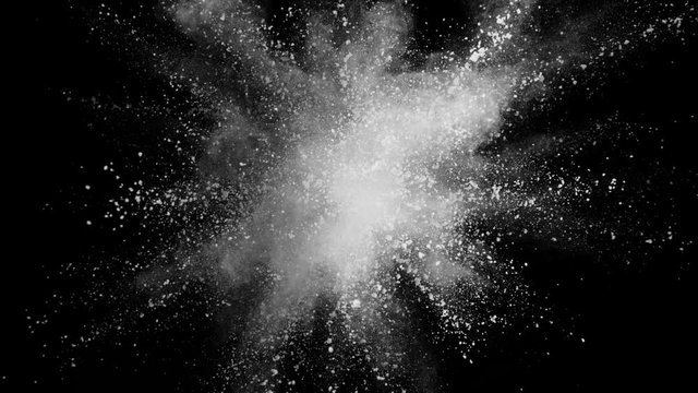 Super slow motion of white powder explosion isolated on black background. Filmed on high speed cinema camera, 1000 fps.