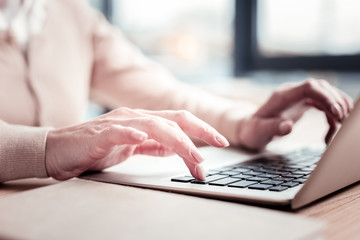 Experienced career woman typing accounting record on her laptop