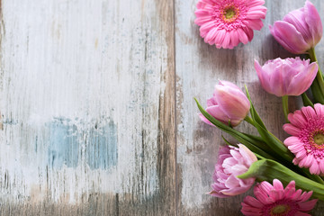 Pink flowers on old gray wood