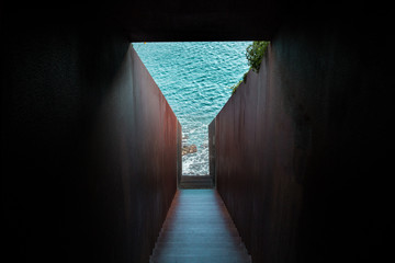 Walter Benjamin monument, rusty stairs to the water in Portbou.