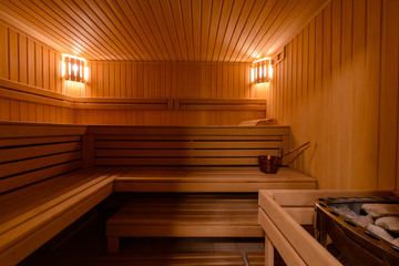 Sauna interior spa room. Relax in a hot sauna, Finland