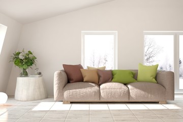 White stylish minimalist room with colorful sofa. Scandinavian interior design. 3D illustration