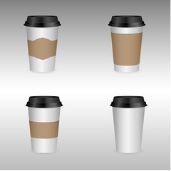 Realistic 3d paper coffee cup. Design template for graphics, mockup. Front view. Vector illustration