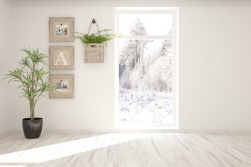 White stylish empty room with winter landscape in window. Scandinavian interior design. 3D illustration