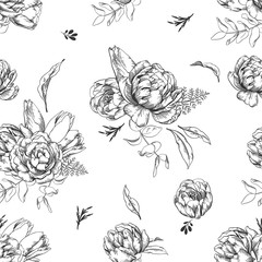 Seamless floral pattern of black and white vector sketch illustration of tulip flowers and eucalyptus leaves