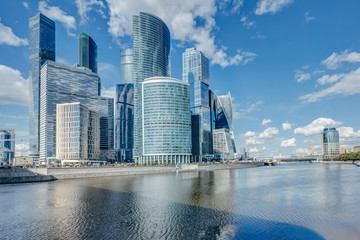 Moscow river on the bank of which there are skyscrapers of Moscow City