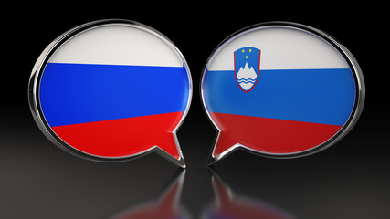 Obraz premium Russia and Slovenia flags with Speech Bubbles. 3D illustration