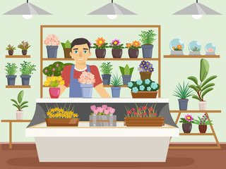 Green natural flower shop interior decorations man florist seller cartoon design vector illustration