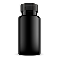 Sport Supplement Vitamin Bottle. Glossy Packaging. Medical Pill Container for Herbal Nutrition Capsule. Doctor Therapy Tablet Medicament. Isolated Drug Container Template.