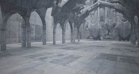 Abstract  concrete gothic interior with neon lighting. 3D illustration and rendering.