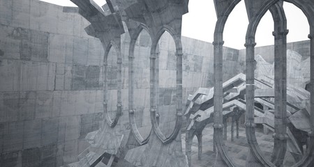 Naklejka premium Abstract concrete gothic interior with neon lighting. 3D illustration and rendering.