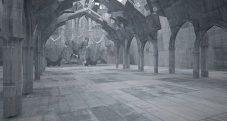 Fototapeta premium Abstract concrete gothic interior with neon lighting. 3D illustration and rendering.