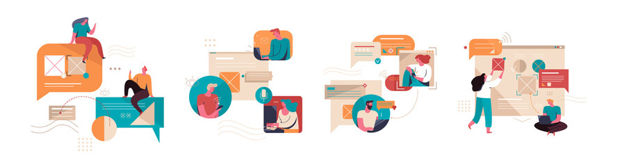 Several people communicate on the Internet using chat, calls and email. Stock vector illustration
