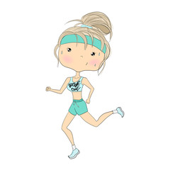 Blonde Fit Running Girl Isolated On A White Background Hand Drawn Illustration