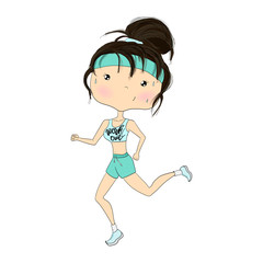 Brunette Fit Running Girl Isolated On A White Background Hand Drawn Illustration