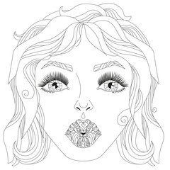 Doodle girls face. Womens portrait for adult coloring book. Vector illustration.