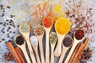 Colorful mix of herb and spice varieties: curry, coriander, turmeric, cumin, paprika, pepper, mustard, salt, thyme, cardamon, oregano, saffron, cinnamon; food ingridients background	
