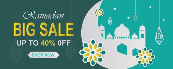 Ramadan Kareem concept horizontal banner with islamic geometric patterns.Arabesque flowers, traditional lanterns, crescent and stars