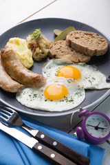 German breakfast on a grey plate
