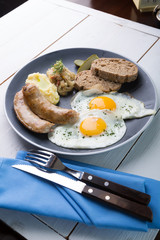 German breakfast on a grey plate