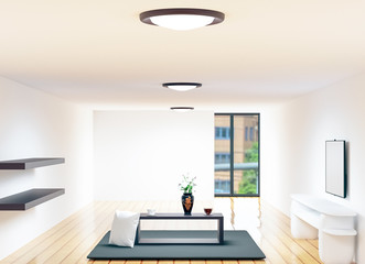 Flowers vase on coffee table in modern living room with chair, wall shelf and TV on white wall background, ceiling light from under ceiling and sunshine falling on wood floor in morning, 3D rendering