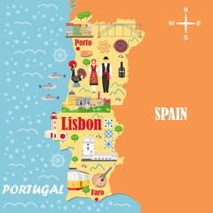 Stylized map of Portugal. Travel illustration with Portuguese landmarks