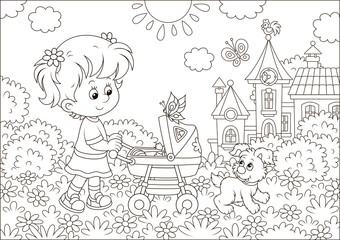 Little girl walking with her toy baby buggy and a small puppy in a park of a town on a sunny summer day, black and white vector illustration in a cartoon style for a coloring book