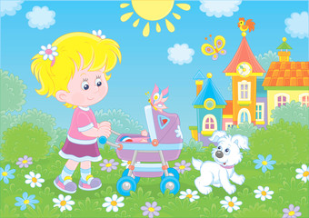 Obraz na płótnie Canvas Little girl walking with her toy baby buggy and a small puppy in a park of a town on a sunny summer day, vector illustration in a cartoon style