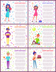 Happy birthday poster with text sample, partying people happily jumping and celebrating. Male with cake and candles, dessert and cocktail in glass