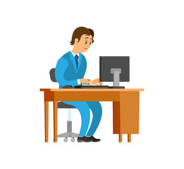 Novice working at new office job, mans workplace vector. Table with personal computer, scared employee typing on keyboard. Unsure newbie wearing suit