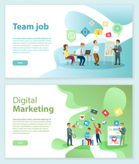 Team job and digital marketing Internet web pages vector. Online market and business teamwork, technologies and office workers, brainstorming or conference