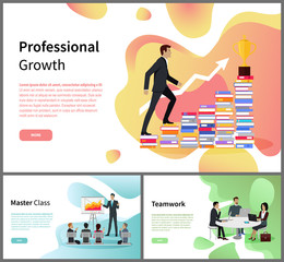 Teamwork and professional growth master class vector. Businessman and career ladder, business training and cooperation, trophy and graphic, laptops