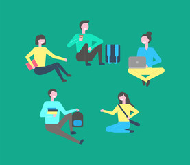 Campus students on break vector isolated people. College learners with textbook, drinking coffee, working on laptop, discussing studying issues. Pupils with backpacks