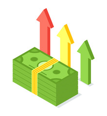Pile of banknotes vector, American dollars notes and arrows isolated icon. Cash American currency, rich economy, banking investment profit from savings