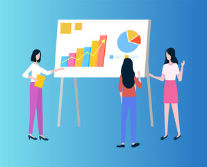 Business presentation with graphics and charts vector. Female entrepreneurs and businesswomen, statistics and analysis data on board, communication