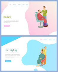 Barber and hair styling beauty salon web page, sitting client on armchair and working master. Making hairstyle for woman and cutting beard for man vector