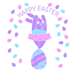 color rabbit greeting cart. Coloring book page for adults and kids. Easter themed vector illustration for gift card, flyer, certificate or banner, icon, logo, patch, sticker