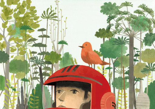 Illustration of bird perching on man's helmet