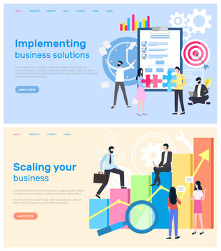 Scaling business and implementation of solution vector. Infographics in visual representation, magnifying glass and charts with global data worldwide results. Website or webpage, landing page in flat