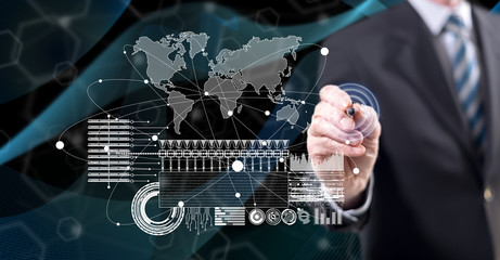 Man touching a global business digital interface concept