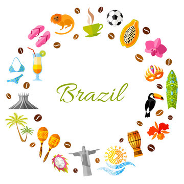 A wreath of traditional Brazilian elements. Vector round frame with place for text on the theme of travel to Brazil.