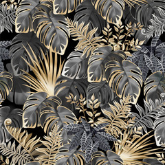 Seamless background dark leaves of tropical exotic plants. Pattern jungle with palm trees and lianas. Vector 3d illustration.