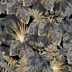 Gordijnen Naadloze achtergrond donkere bladeren van tropische exotische planten. Patroon jungle met palmbomen en lianen. Vector 3d illustratie. © valadzionakvolha