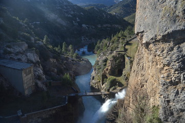 Brave Waters Entering At The Electric Power Plant Of The Dam Of La Peña Reservoir In Santa Maria Village. Landscapes, Nature, Architecture. December 28, 2014. Santa Maria, Huesca, Spain.