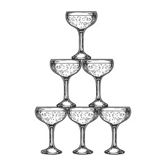 Champagne glass pyramid tower sketch engraving vector illustration. Scratch board style imitation. Black and white hand drawn image.