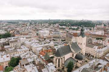 Top view from of the city hall in Lviv, Ukraine. Lviv bird's-eye view. Lviv old town from above.