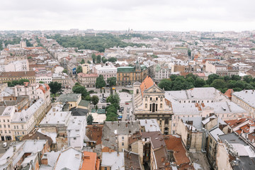 Top view from of the city hall on houses in Lviv, Ukraine. Lviv bird's-eye view. Lviv old town from above.