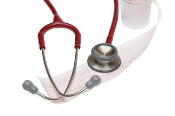 medical stethoscope and cardiogram on white background