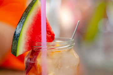 Refreshing watermelon drink with straw